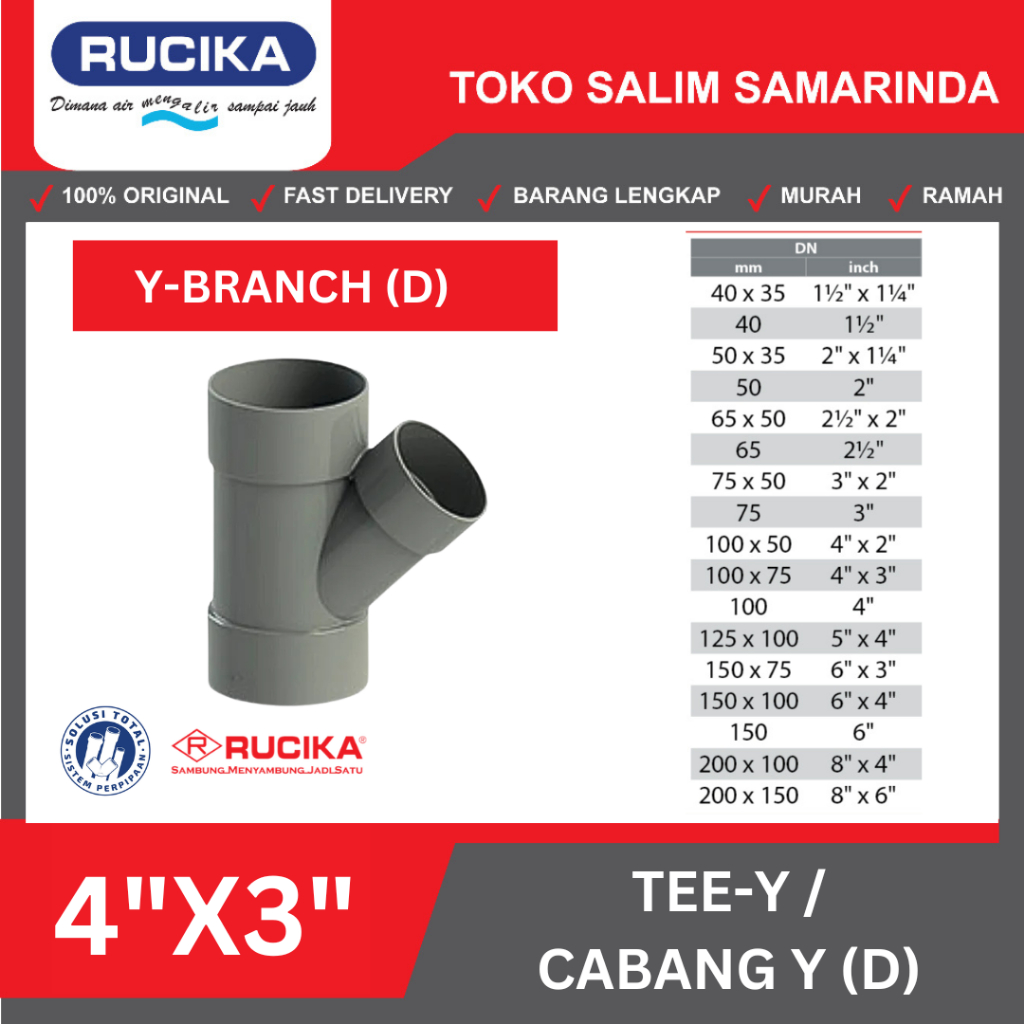 Y Branch Rucika JIS D 4X3 Inch | Tee Y 45 Derajat TY45 Rucika D 4X3 Inci