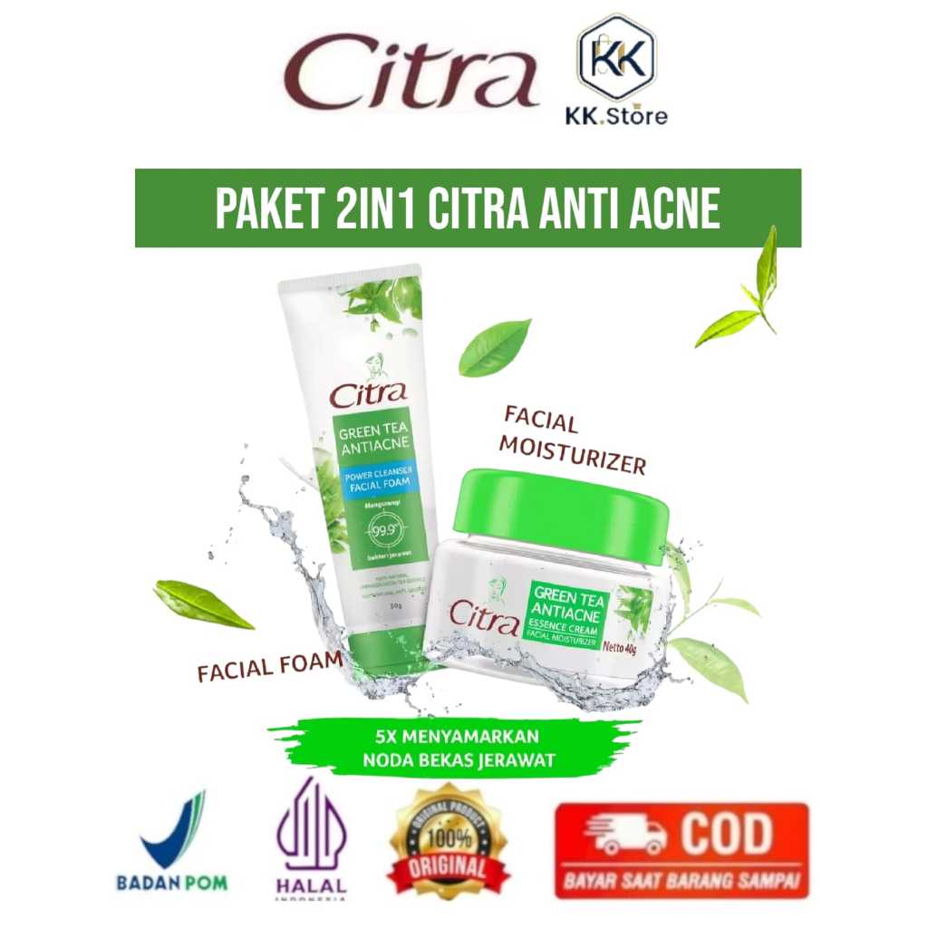 Paket Citra Green Tea Anti Acne Facial Foam 100g + Citra Anti Acne Moisturizer Krim Wajah 40gr