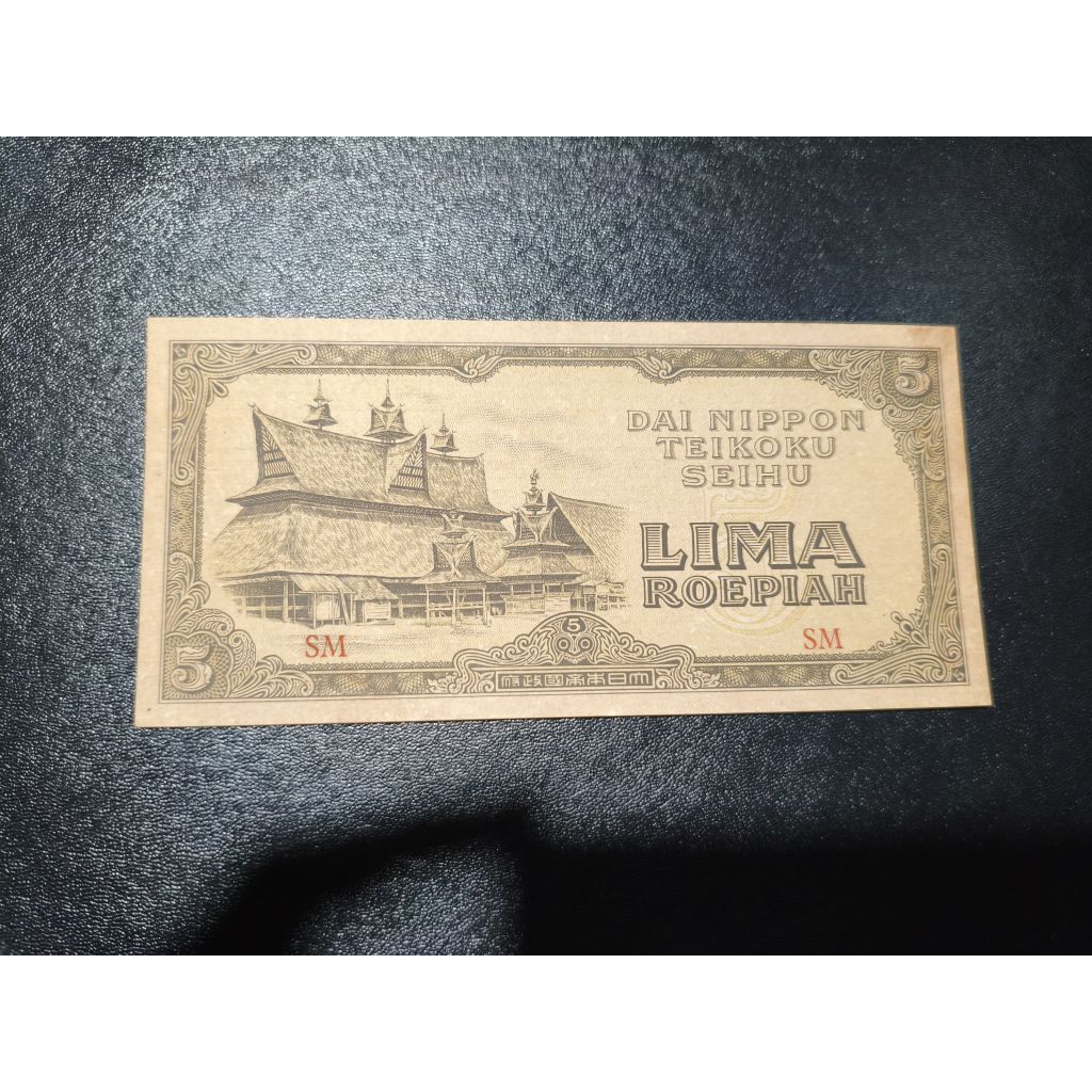 Uang kertas kuno 5 rupiah Dai Nippon Teikoku Seihu tahun 1943 UNC