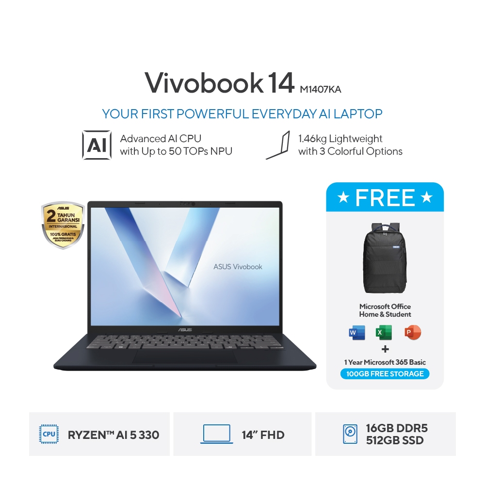 ASUS Laptop VIVOBOOK M1407KA-VIPS5151M RYZEN AI 5 340 16GB -SSD 512GB -WIN11+OHS+M365 -BLUE