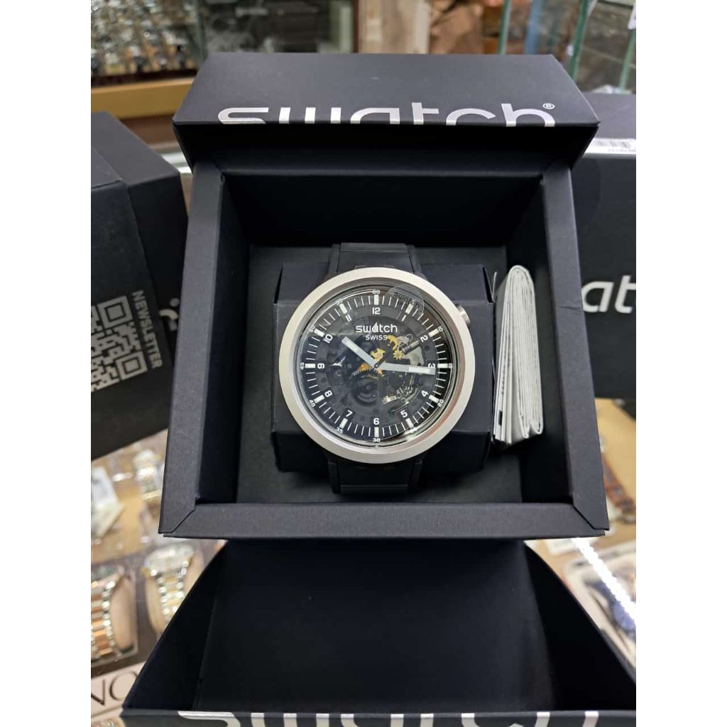 Swatch SB07S105 Bold Irony Stainless Steel Original Swiss Made Jam Tangan Skeleton Black Silver Gara
