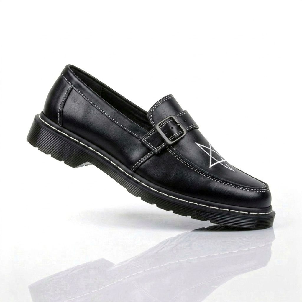 ​Sepatu Loafers Alternatif Pria/Wanita – Detail Bordir Pentagram & Gesper Metal Punk Rock Platform M
