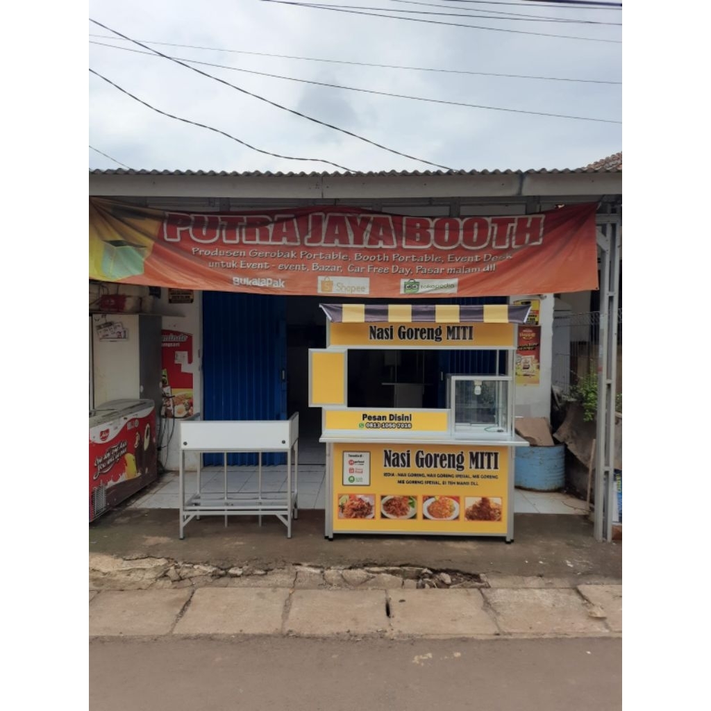 Booth Portabel + Etalase | Gerobak | Stiker Meja P 120cm L 120cm T 120cm Meja Kompor P 85cm L 45cm T