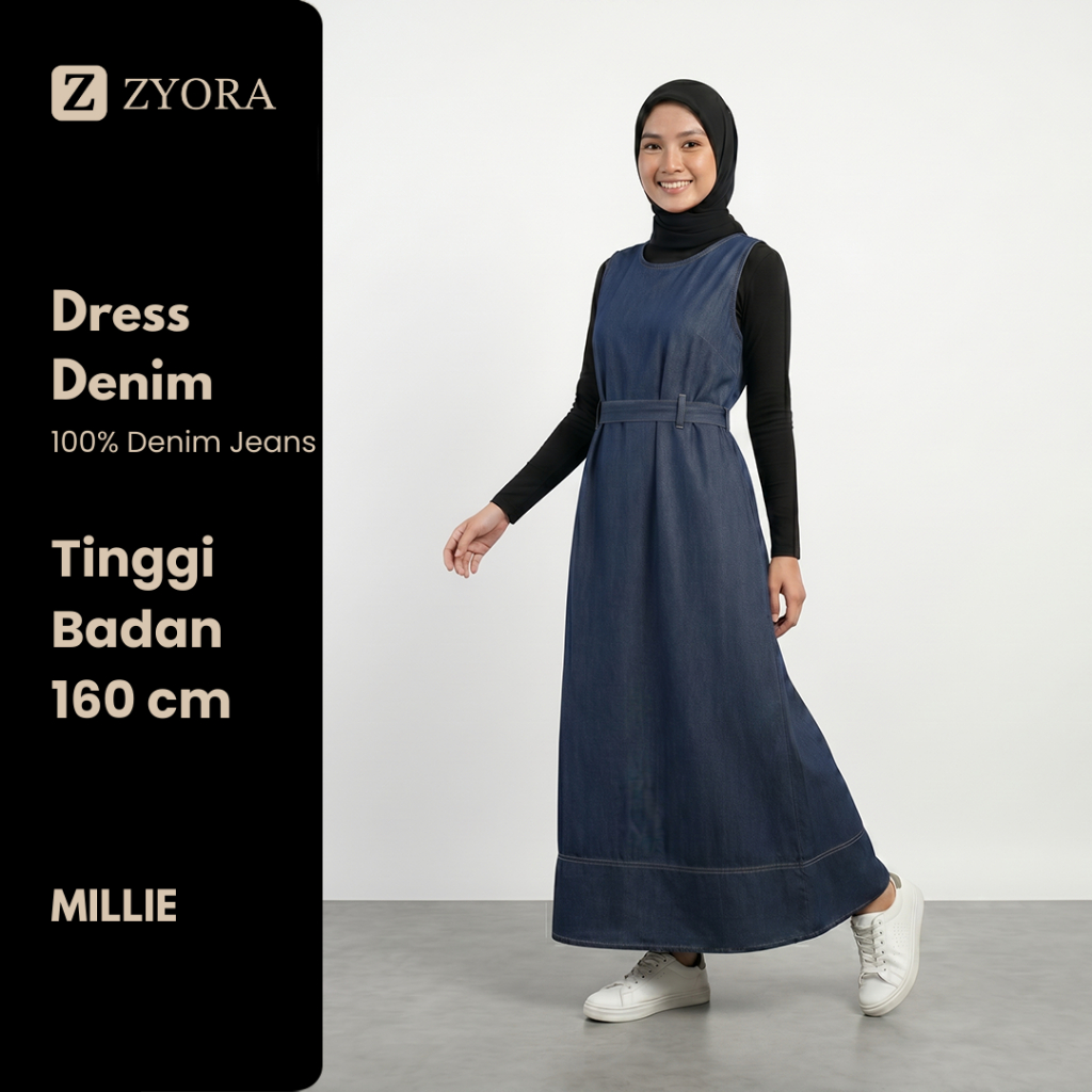 ZYORA Dress Overall Jeans Denim Wanita Maxi MILLIE 100% Jeans Denim Tanpa Lengan Sleeveless Long Dre