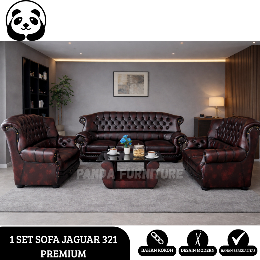 PROMO SOFA JAGUAR DENVER 321 MERAH MAROON OSCAR + MEJA KACA / SOFA MEWAH AESTHETIC BERKUALITAS TERBA