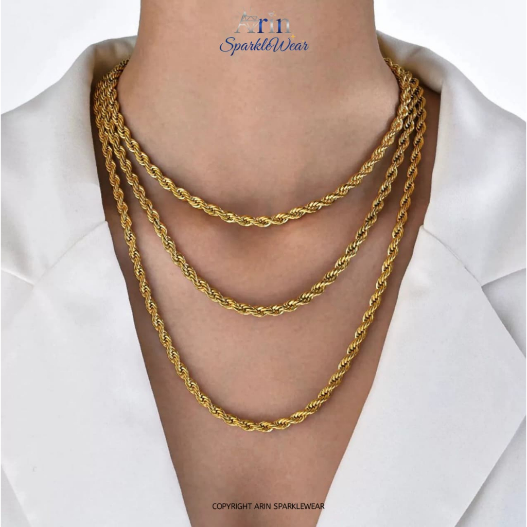 Kalung Tambang Titanium Gold Silver Anti Karat Pria Wanita 2-5mm Trendy