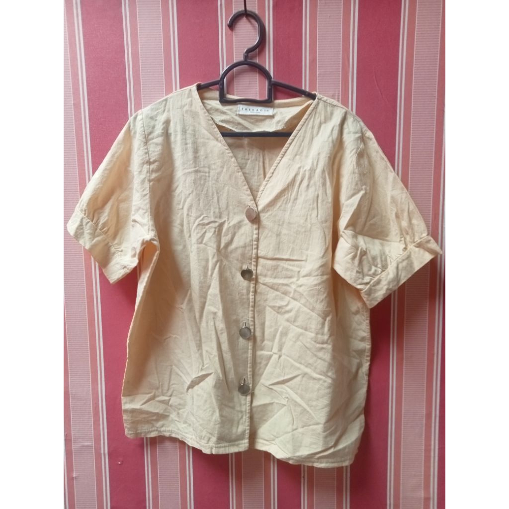 Kemeja Blouse wanita bahan katun warna kuning preloved