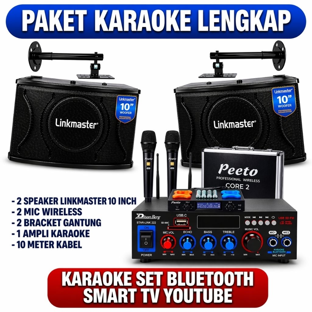Karaoke Set Lengkap Speaker 10 Inch Linkmaster 2 Mic Wireless Ampli Bluetooth Karaoke Smart TV