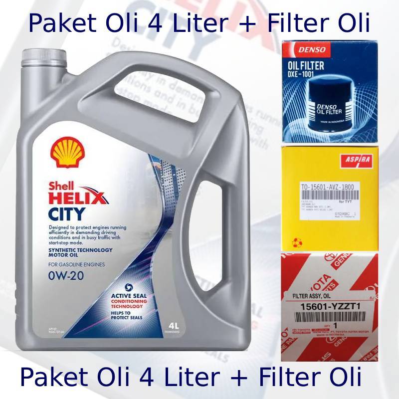 Paket Oli Shell Helix City 0W-20 + Filter Oli Full Synthetic 4 Liter 100% Original Barcode Dijamin T