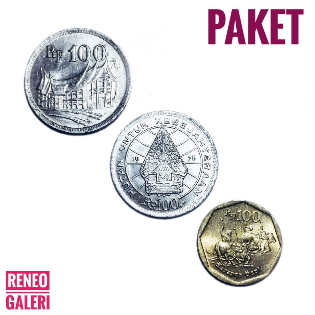 Paket Berkilau 3 Variasi koin 100 Rupiah asli original Rp duit uang kuno logam Indonesia wayang ruma