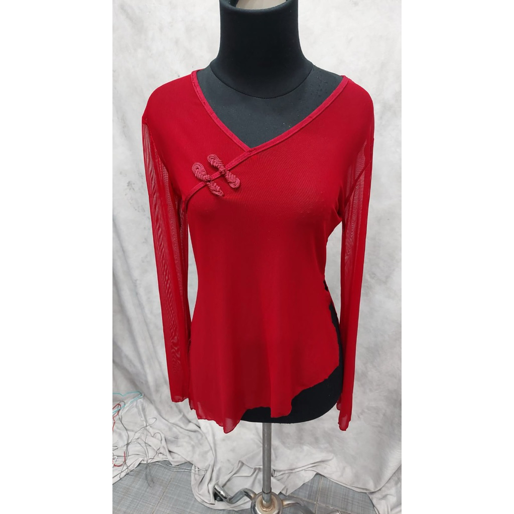 Outer cheongsam lengan panjang strech merah maroon