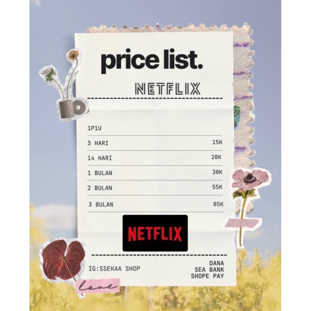 Netflix 1P1U Harian dan Bulanan