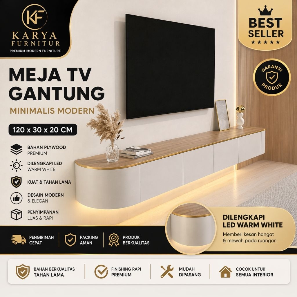 Meja TV Gantung Minimalis + LED Modern – Rak TV Dinding Cabinet /Plywood Tacosheet putih Premium