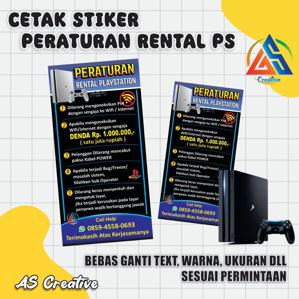Cetak Stiker Peraturan Rental PS 4 Hen, Stiker peringatan, pengaman rental ps