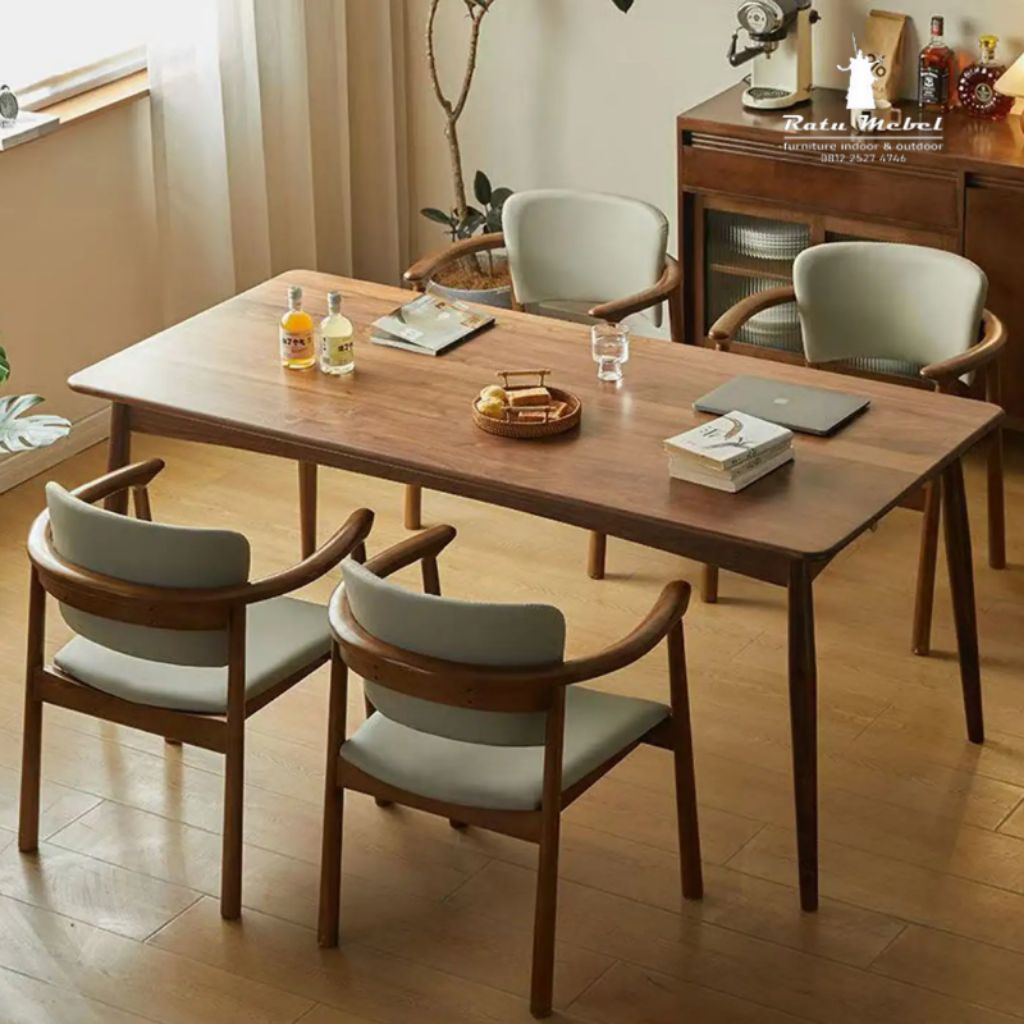 Meja Makan Kayu Jati Minimalis 4 Kursi - Set Meja Kursi Makan Modern Jok Empuk Desain Elegan Cocok R