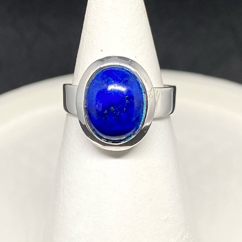 Cincin Perak Oval Cabochon Lapis Lazuli Wide Ring Band (925 Silver)