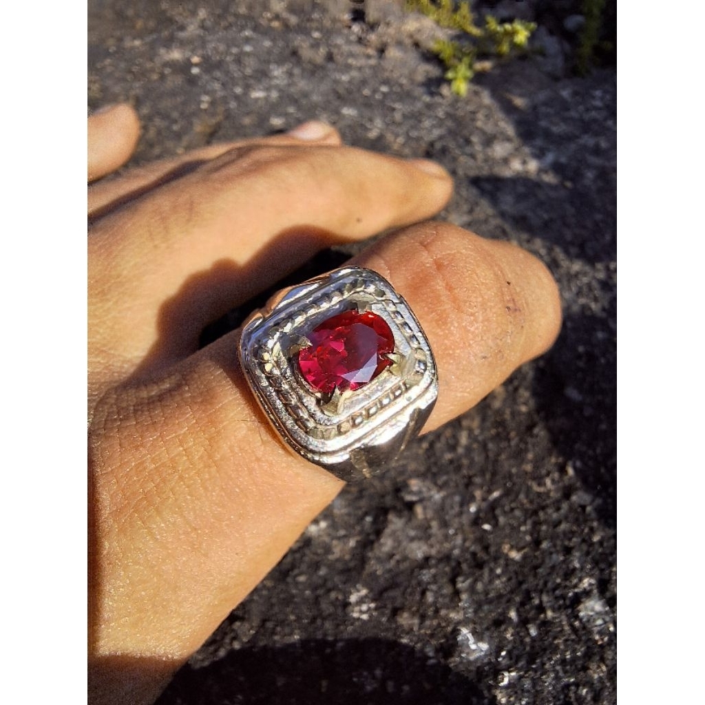 Cincin batu akik pria merah siam bangkok cutting ring alpaka anti karat