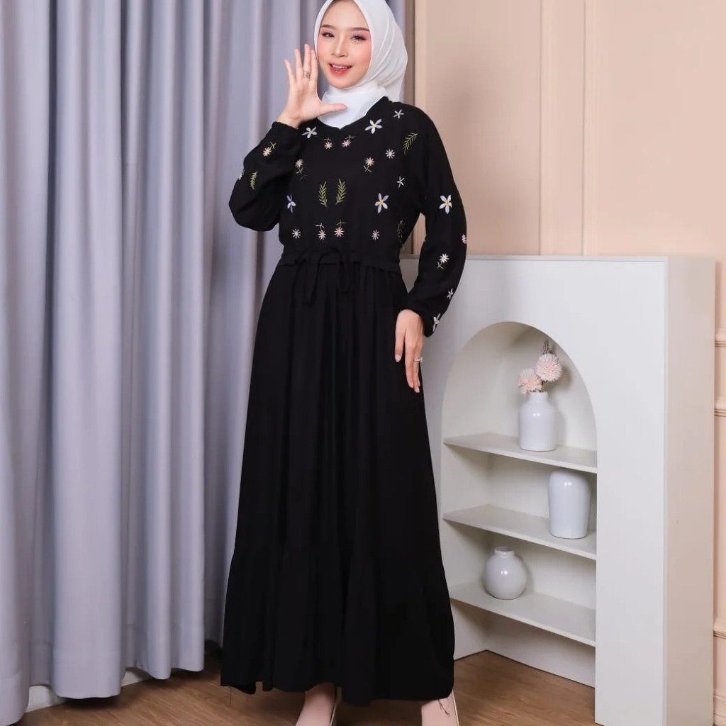 Midi Dress Adzilla Wanita NF Bahan Rayon Bordir Size M - 3XL Ld 100 -130 Cantik Busui Friendly Resle