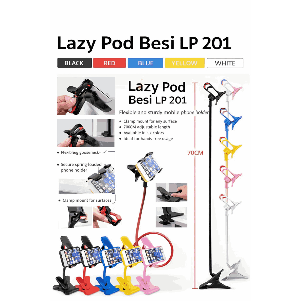 Lazy Pod Besi LP 201 Holder HP Fleksibel 70CM Stand HP Jepit Meja Anti Goyang untuk Nonton Live Stre