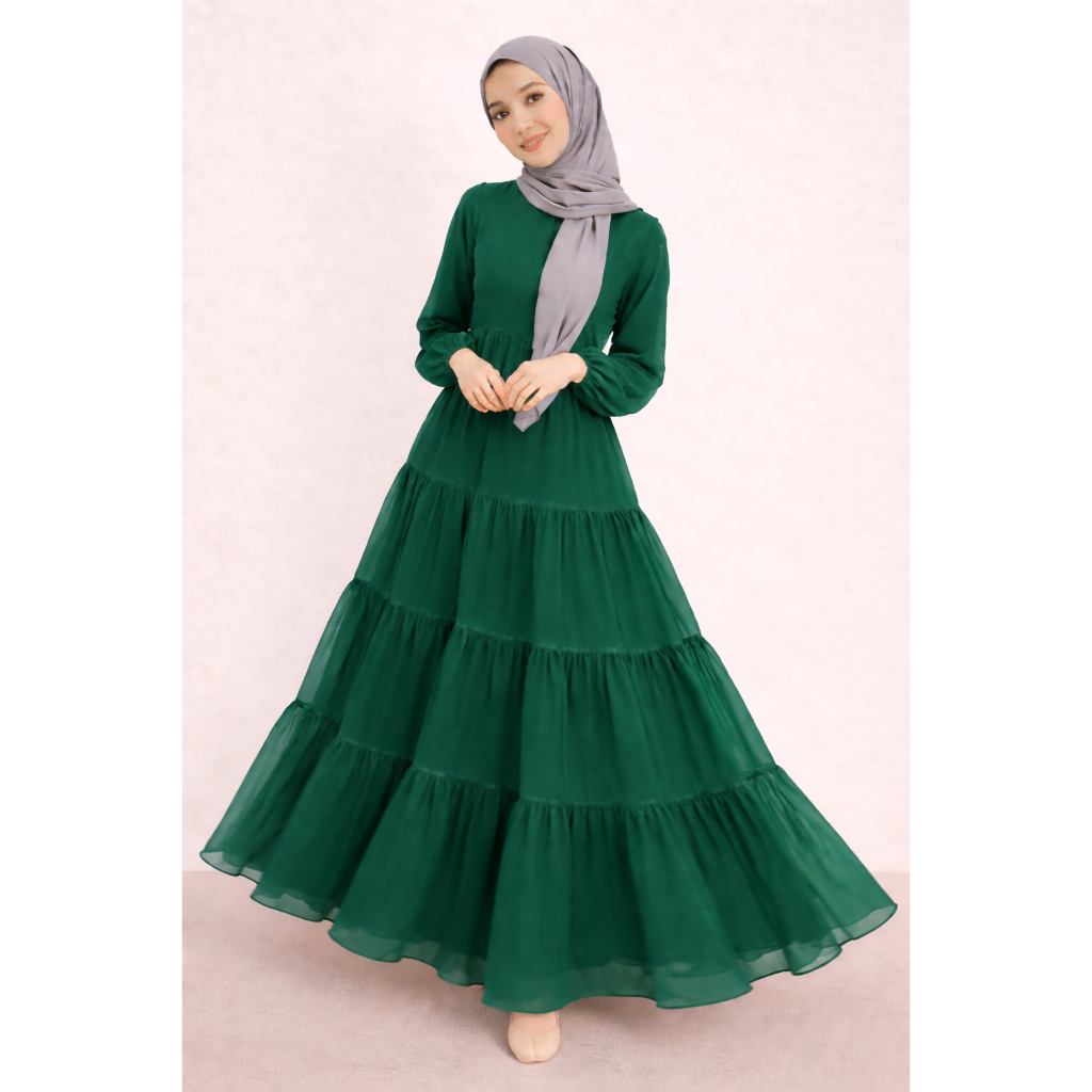 Gamis/Dress Susun Syari Emerald Green / Gamis Serut Umpak / Gamis Polos Ceruty Babydoll
