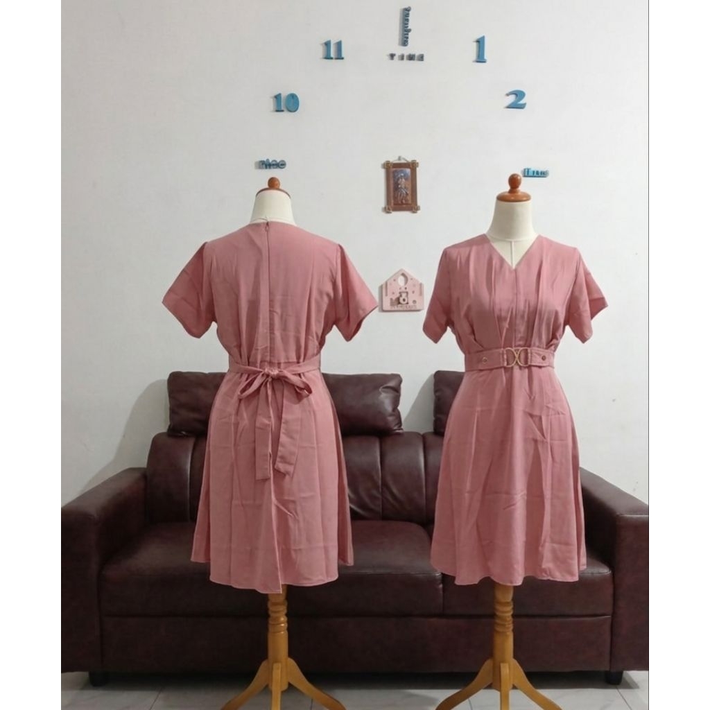 dress wanita leher V tali pinggang