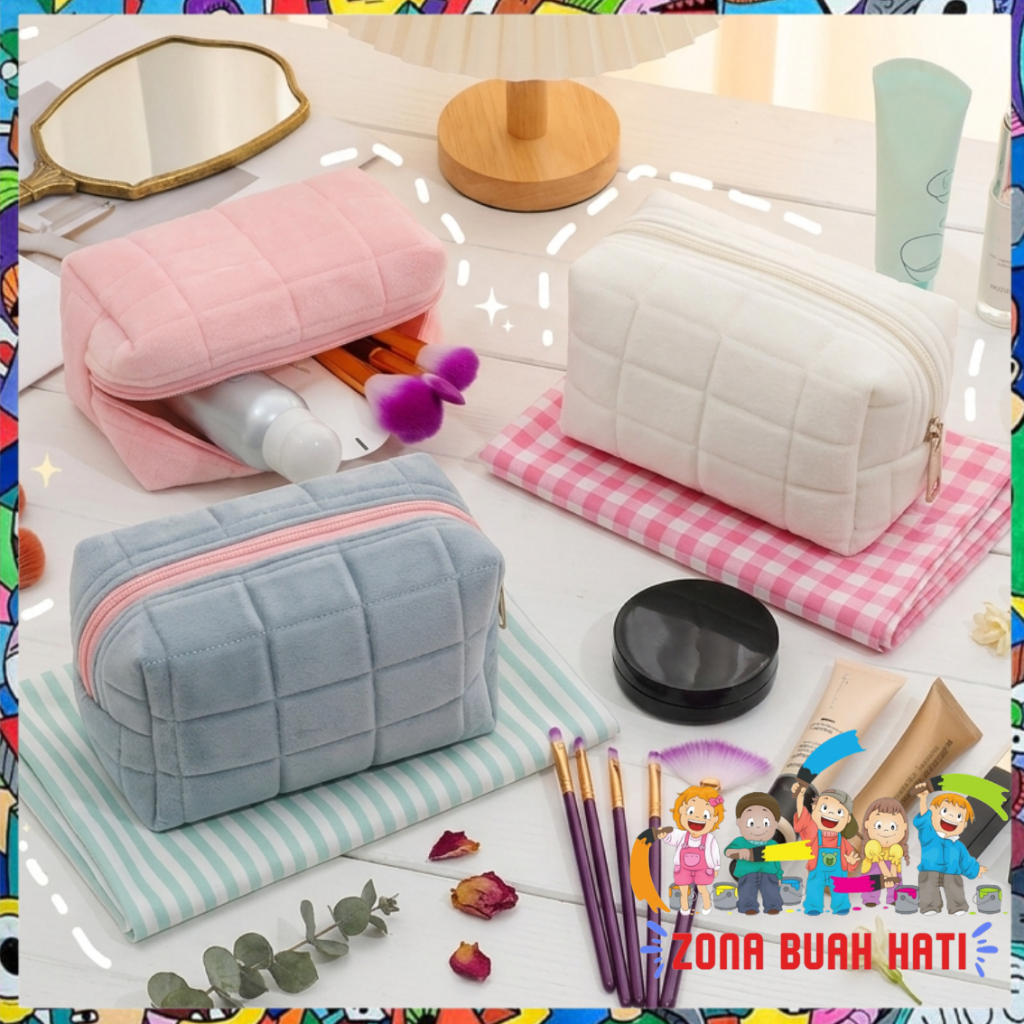 ZBH Pouch Kosmetik Lucu Warna Macaroon Kotak Pensil Sleting Velvet Aesthetic Pastel Tempat Pensil Bu
