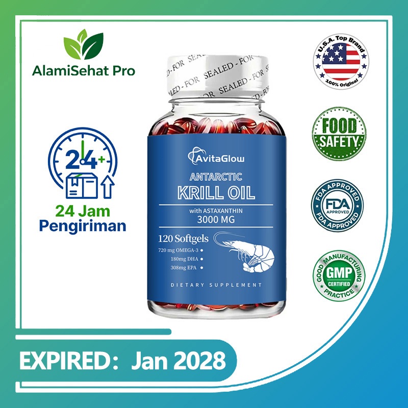 AvitaGlow Krill Oil 3000MG - Omega 3 EPA DHA Tinggi Astaxanthin & Fosfolipid - Suplemen Jantung Send