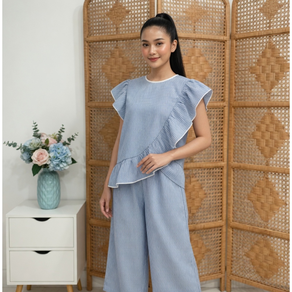 MAIA Striped Set Salur - Setelan Wanita Motif Salur Panjang & Vest Atasan Casual Simple Outfit Hango