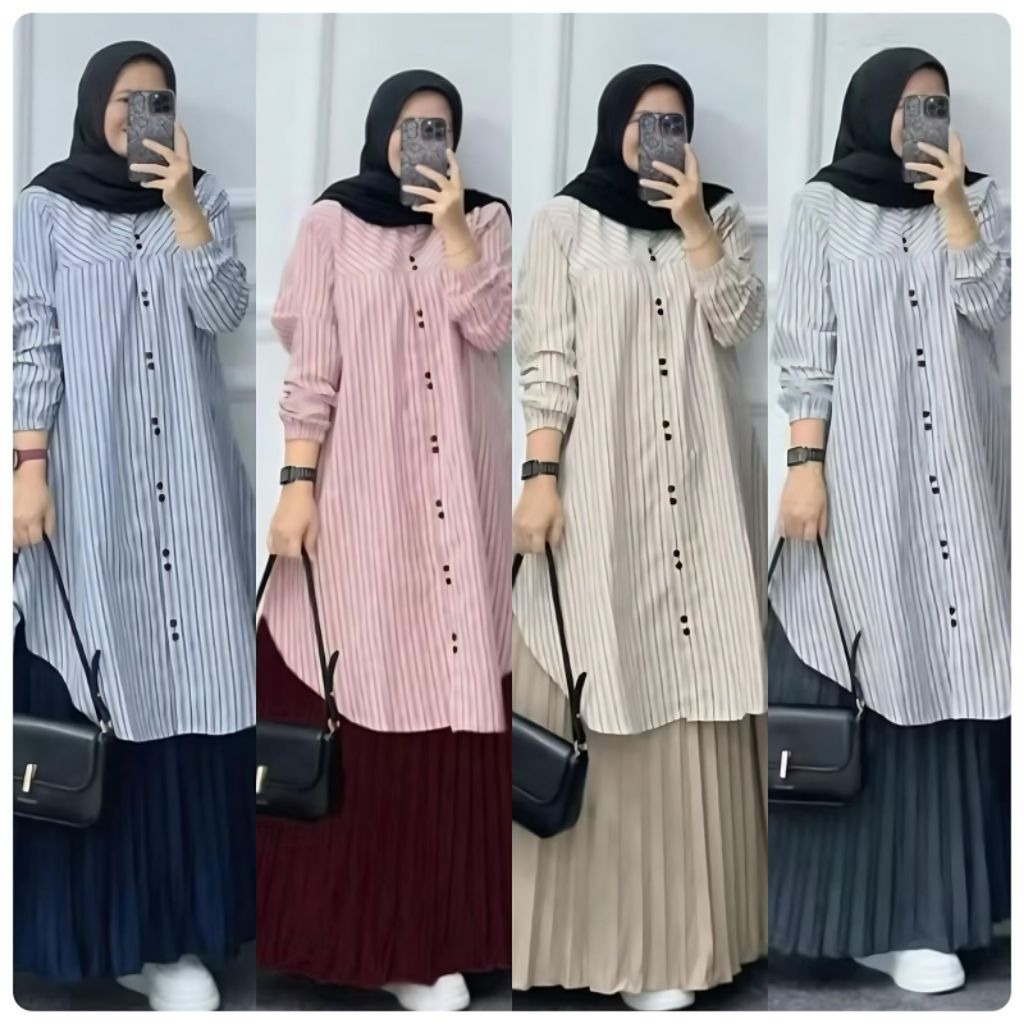 Setrok Tunik Plisket/Oneset Rok Plisket/Set Rok Tunik Salur Kotak