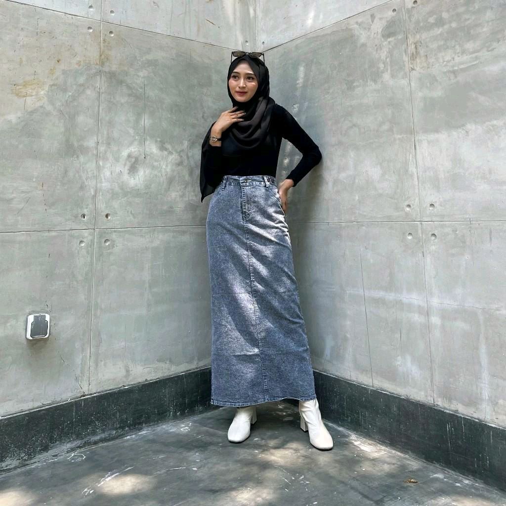 Rok jeans wanita Theana / rok jeans panjang SUPER JUMBO