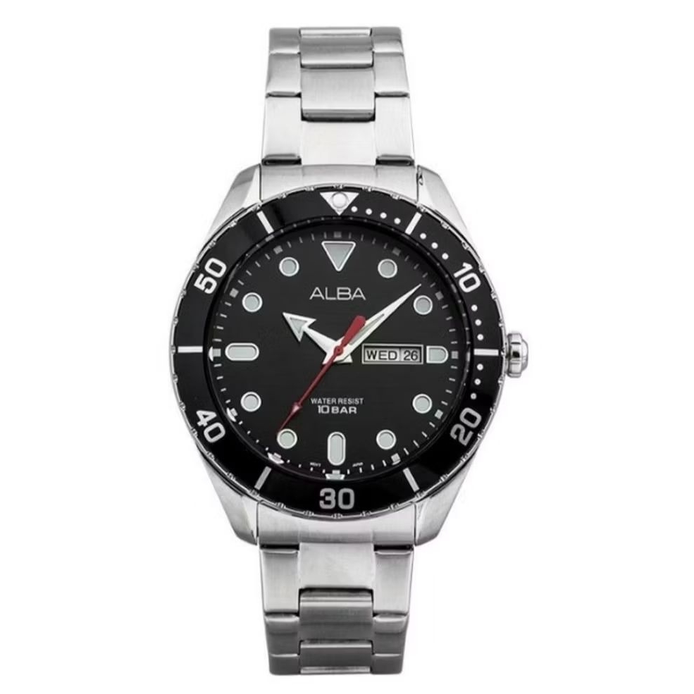 Jam Tangan Alba Pria AJ6115X1 Quartz Movement Black Dial WR100M Stainless Steel Bracelet