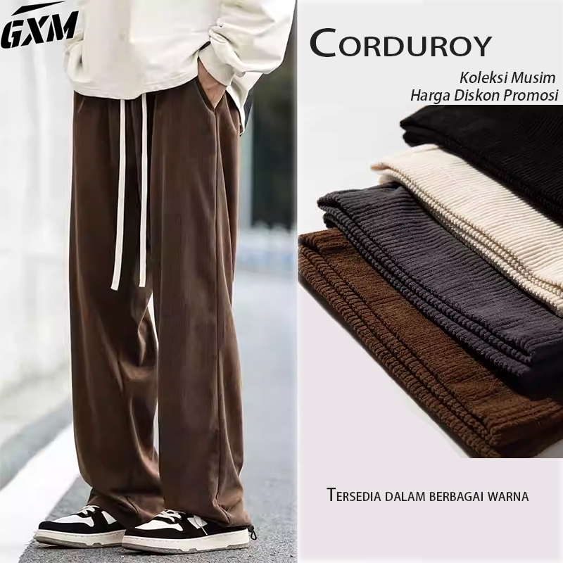 Celana Corduroy celana panjang polos pria celana hitam longgar celana panjang pria jumbo celana cord