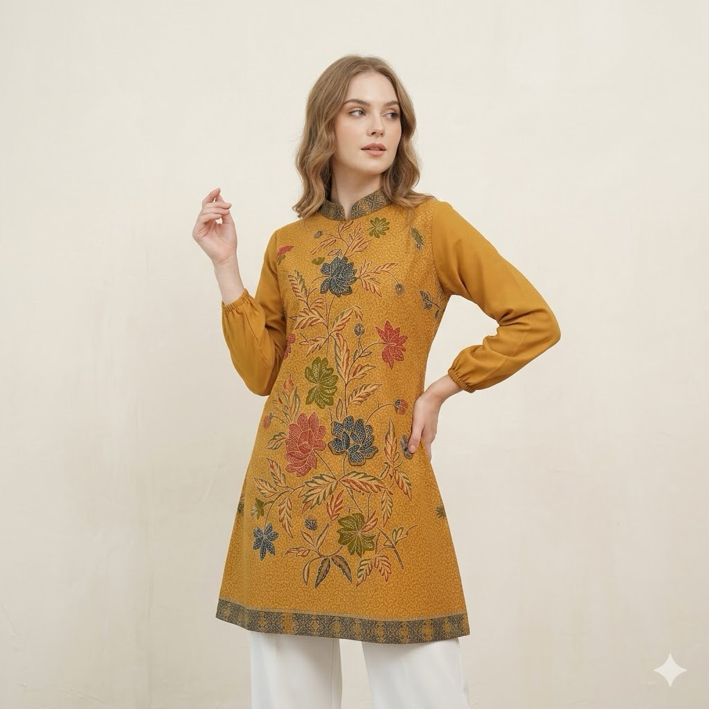 Shanaya Batik Tunik Batik Bunga Kombinasi Toyobo Warna Mustard Seragam kantor