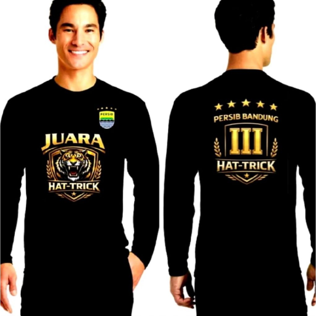 Kaos Lengan Panjang T-shirt PERSIB BANDUNG JUARA HAT-TRICK Terbaru T-shirt Unisex Pria Wanita