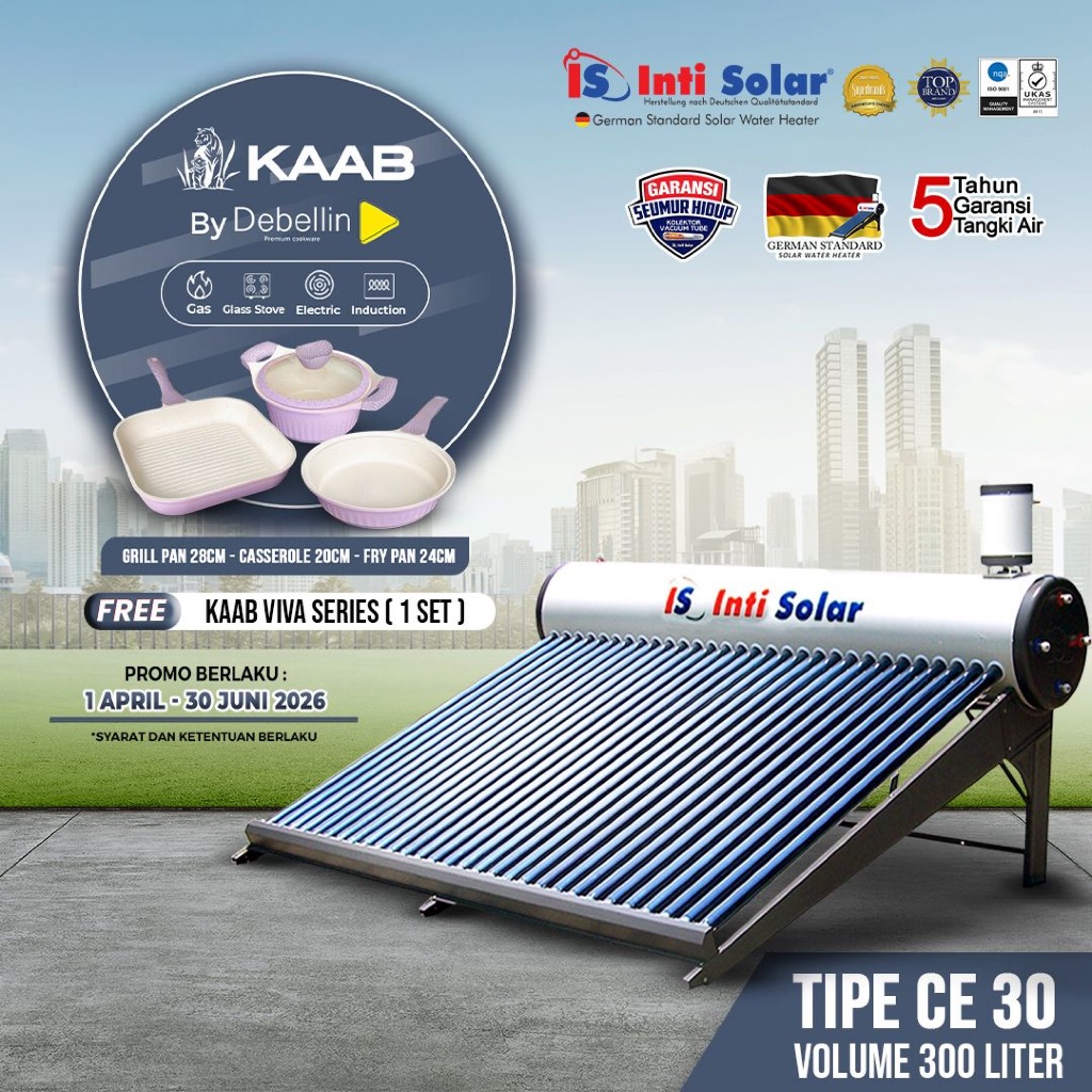 Inti Solar Tipe 30 CE Color Coated Tangki 300 Liter Stainless Steel 304 Garansi 5 Tahun Heater Listr