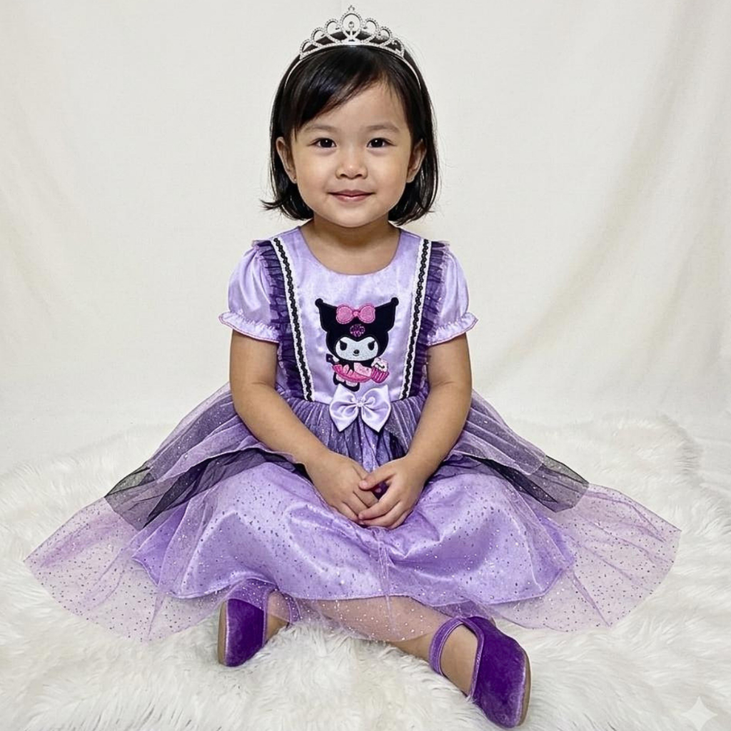 ( FREE BANDO KUROMI )Dress Kuromi Anak Perempuan Usia 3 - 8 Tahun Dress Pesta Ulang Tahun Mewah Eleg