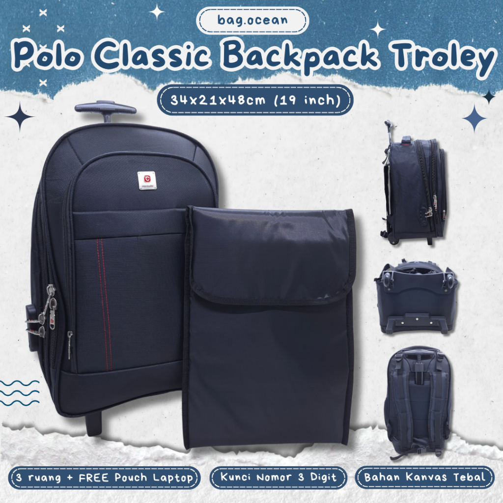 Trolley Polo Classic Kain Kanvas Import Tebal 4 Ruang 18 Inchi Original / Tas Roda Polo Classic Kain
