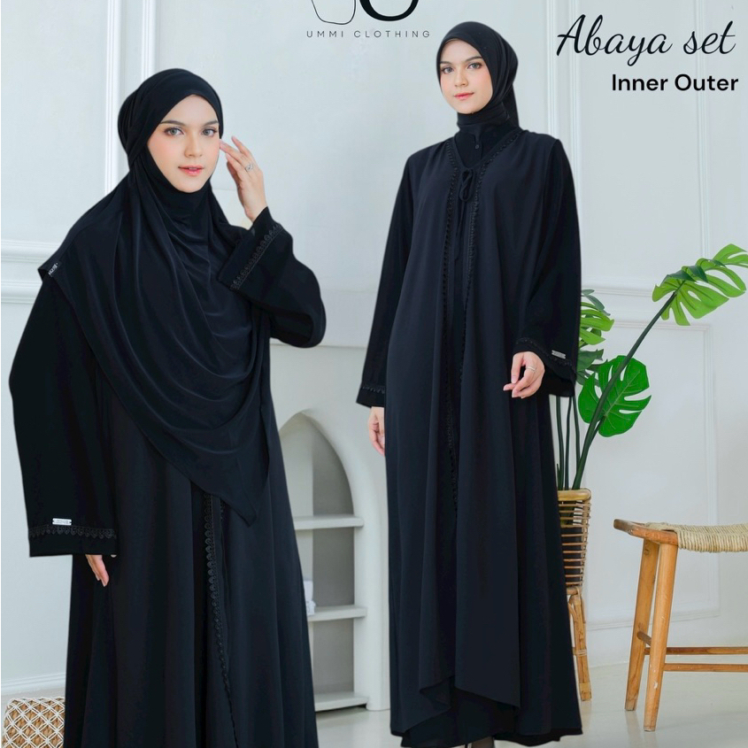 Ummi Clothing - Marwa Abaya Set  french khimar bahan jetblack premium Gamis Hitam  Haji umroh busui 