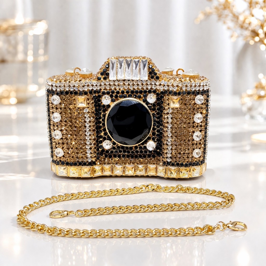 Waiwai Clutch Tas Kondangan Mewah Bertabur Crystal - Camera Evening Party Bag