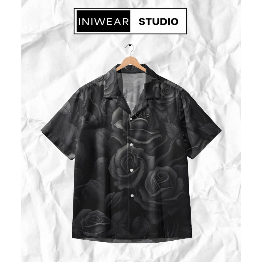 INIWEAR Kemeja Fullprint P-35A Dark Rose - Kemeja Pria Motif Bunga Mawar Hitam Polymicro