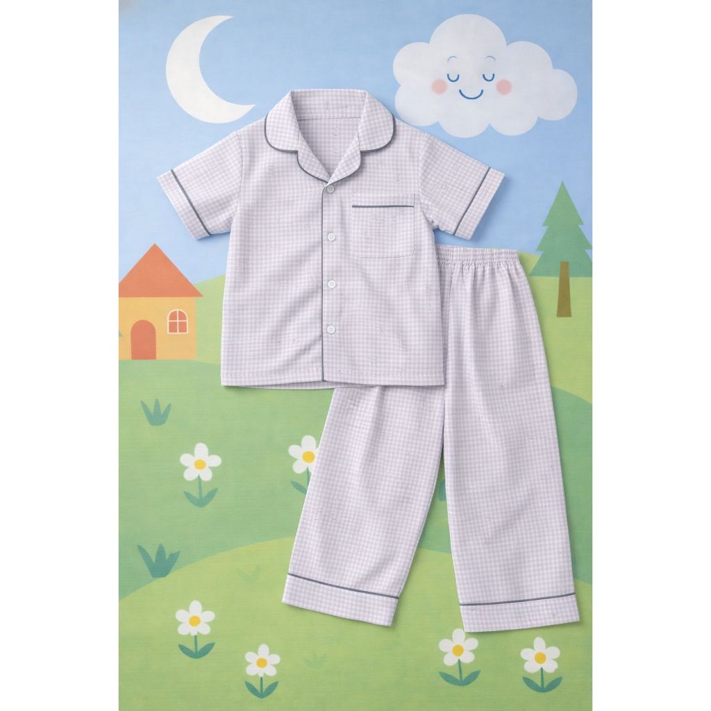 The Little Bee Piyama Anak - Ash Gray Gingham Pajamas Set