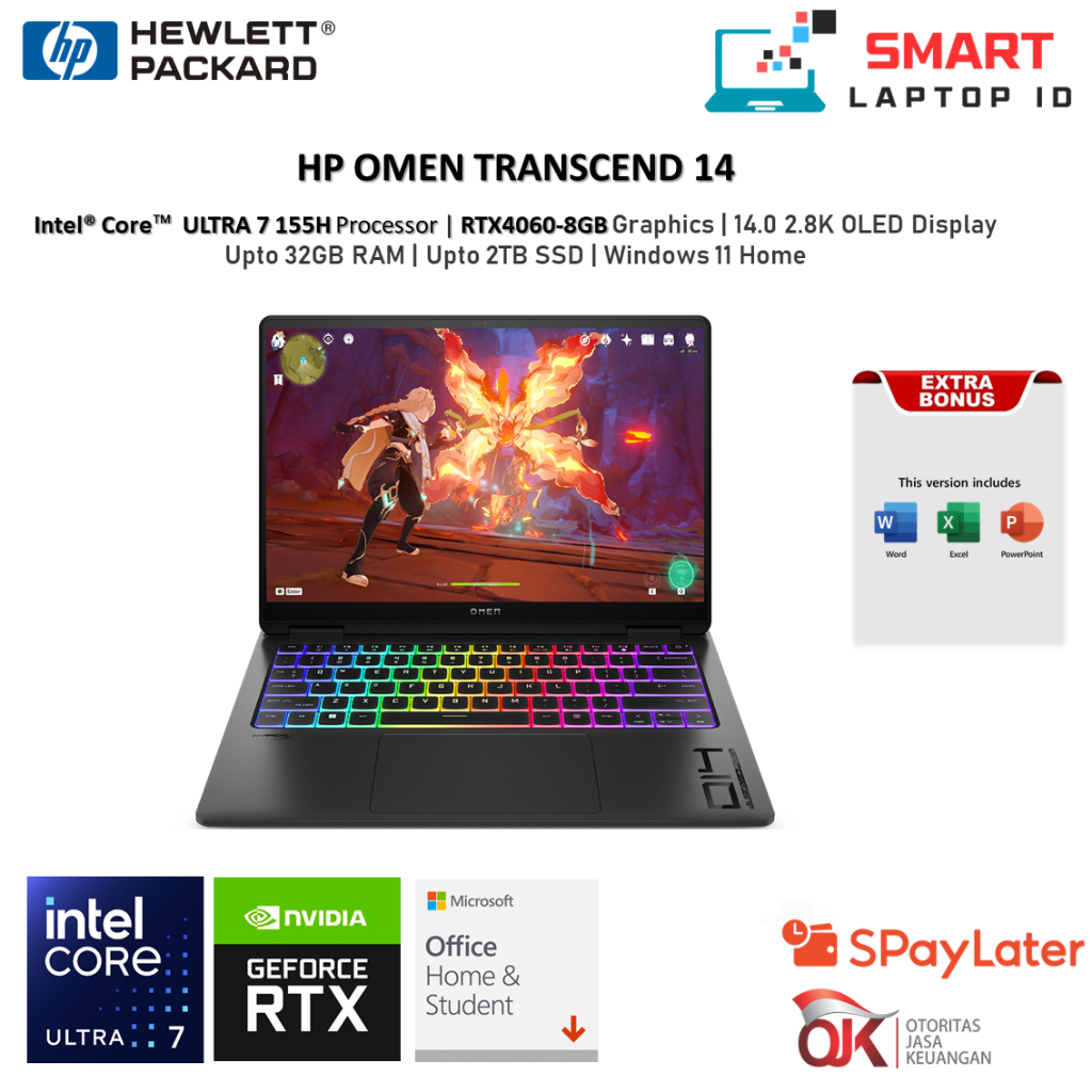 HP Omen Transcend 14 Intel Ultra 7 155H RTX4060 RAM 16GB 1TB SSD 2.8K OLED 120Hz Windows 11 Office