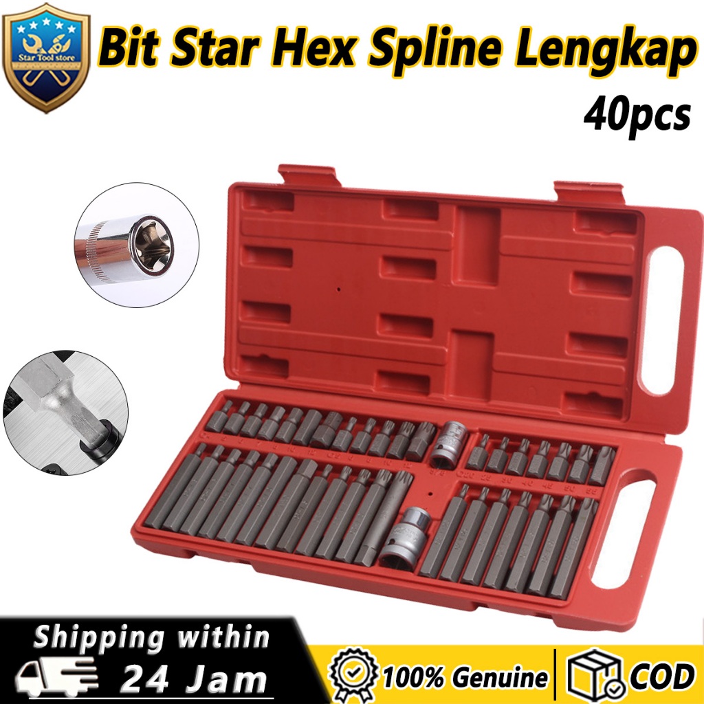 Set Mata Kunci L Bintang 40 Pcs Star Hex Spline Bit dengan Adaptor 1/2 dan 3/8 Inci
