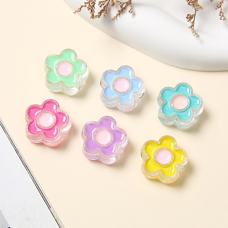 Ready 1pcs Bunga Prem Akrilik Transparan Dua Warna Manik-Manik Lubang Besar Bunga Lima Kelopak