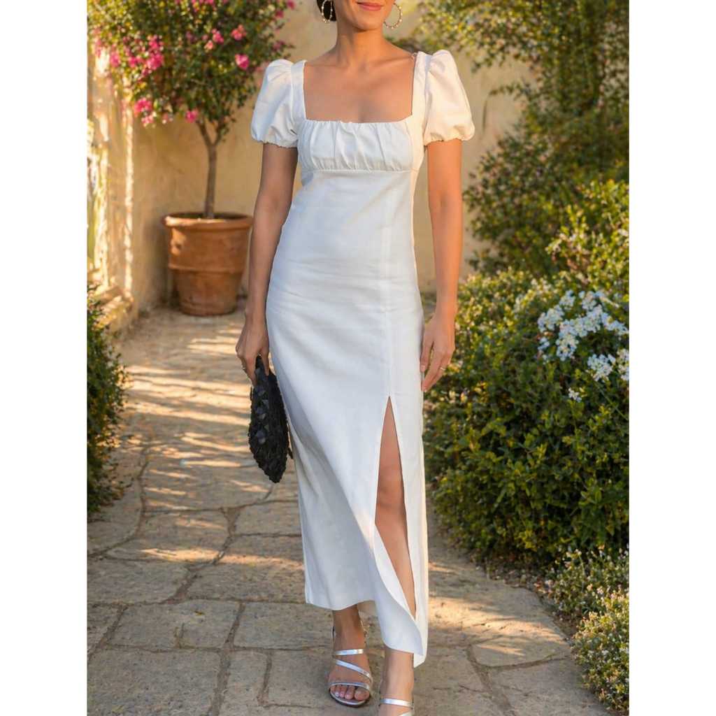 White Midi Dress Puff Sleeve Slit Elegant