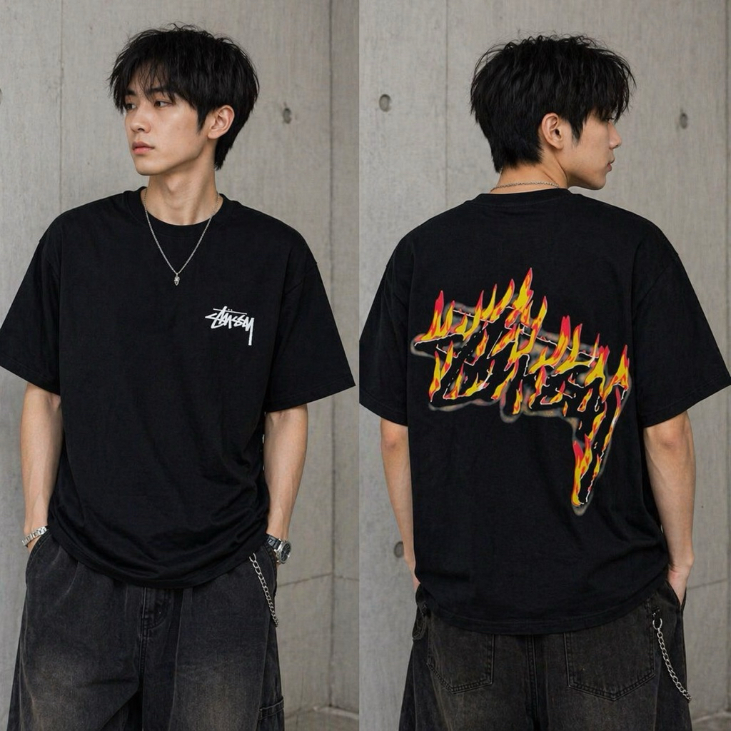 Kaos T-shirt oversize stuss*y api unisex pria wanita premium