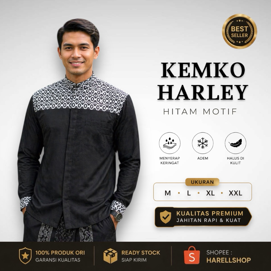 Kemko Harley Pria Hitam Motif Ketupat Putih | Baju Koko Lengan Panjang | Elegan & Maskulin
