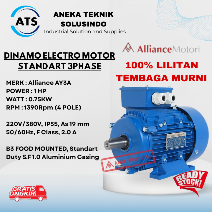 Alliance Dinamo 3 phase 1 HP 0.75 KW B3/ 100% Lilitan tembaga murni /Dinamo 3 phase/Dinamo Alliance 