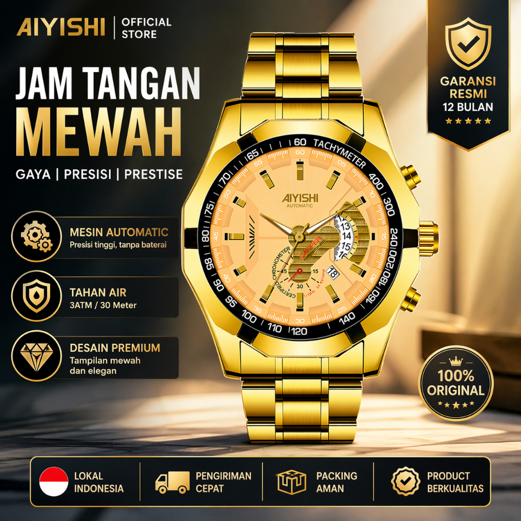 Jam Tangan Pria AIYISHI Full Gold Automatic – Desain Mewah Sporty Mesin Otomatis Tahan Air Original 