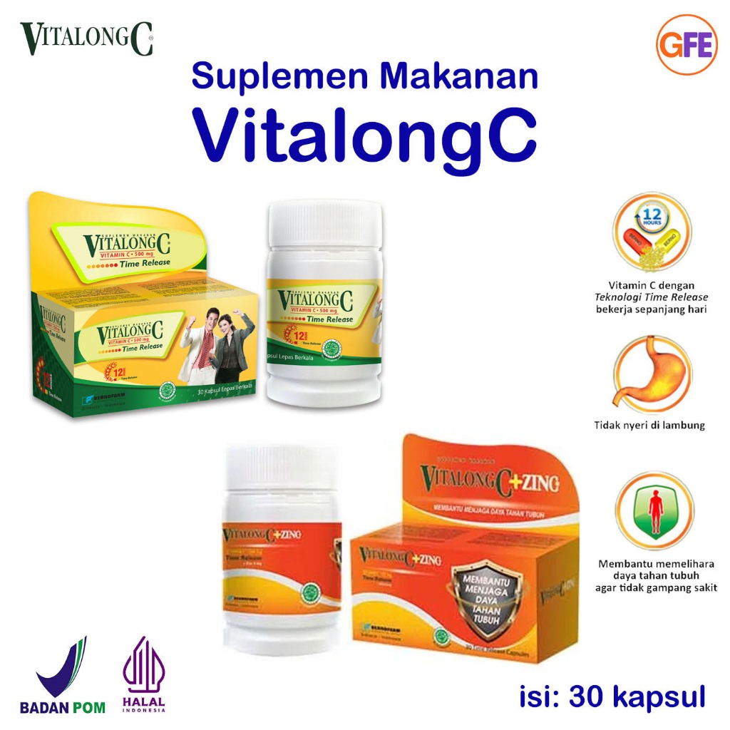 Vitalong C Zinc Suplemen Vitamin C 500mg Seng 5mg Kesehatan Daya Tahan Tubuh Time Release 30 Kapsul 